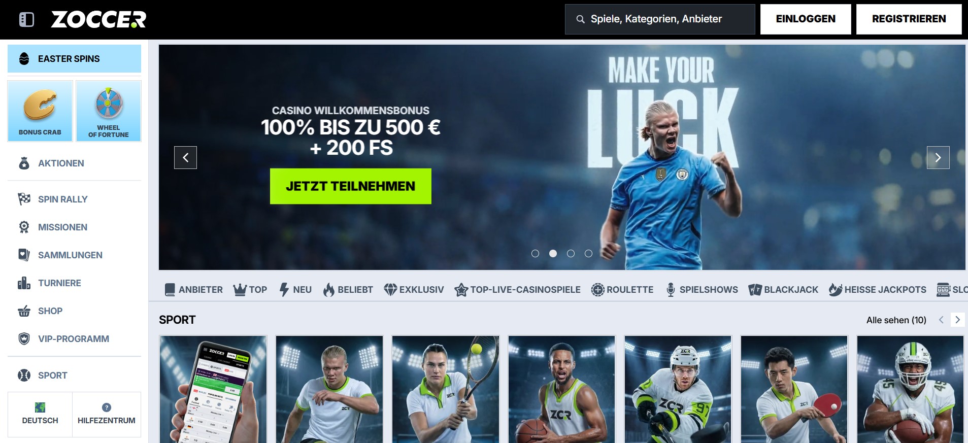 Startseite von Zoccer in deutscher Sprache mit großem Willkommensbonus, Sportler im Banner, Navigationsmenü für Casino- und Sportbereiche sowie Werbeelementen für beste online casinos.